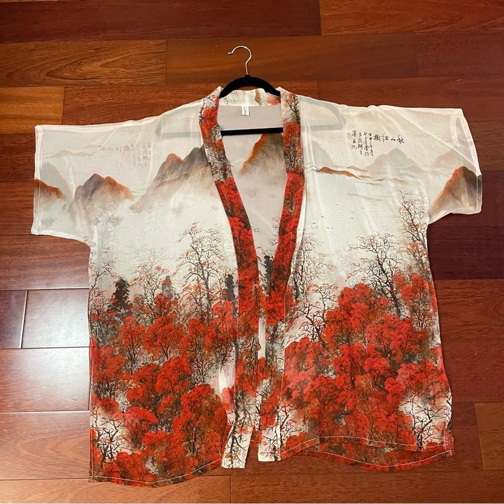 CCC Sheer Open Kimono Cardigan Asian Art To Wear Nature One Size READ‎ B32